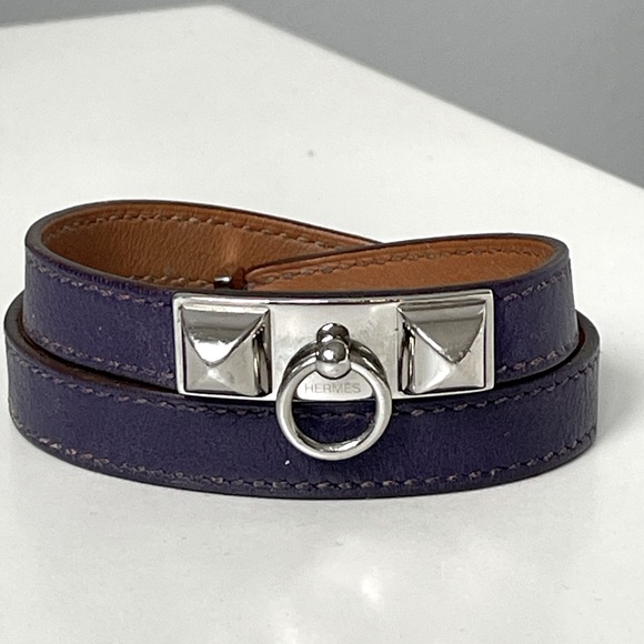 HERMES Rivale Double Tour Bracelet Purple Calfskin Leather - Picture 3 of 4